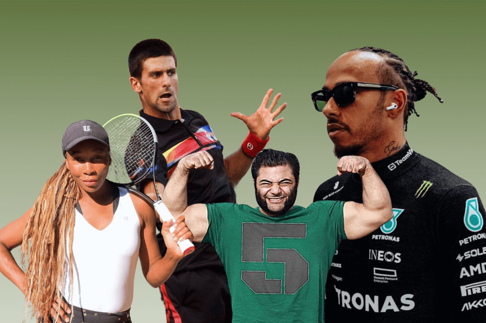 Montasje av de plantebaserte atletene Venus Williams, Novas Djokovic, Patrik Baboumian og Lewis Hamilton.