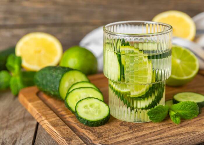 Glass med vann med skiver av sitron og lime i.
