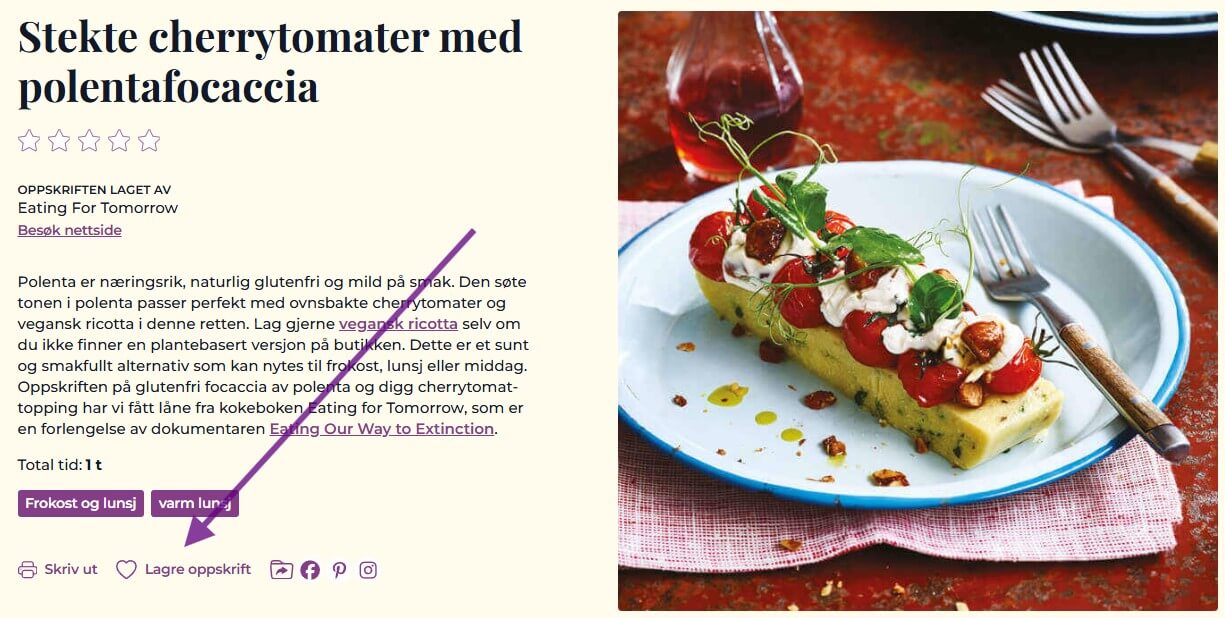 Illustrasjonsbilde av en lilla pil som peker mot "lagre-hjertet" på oppskriften.