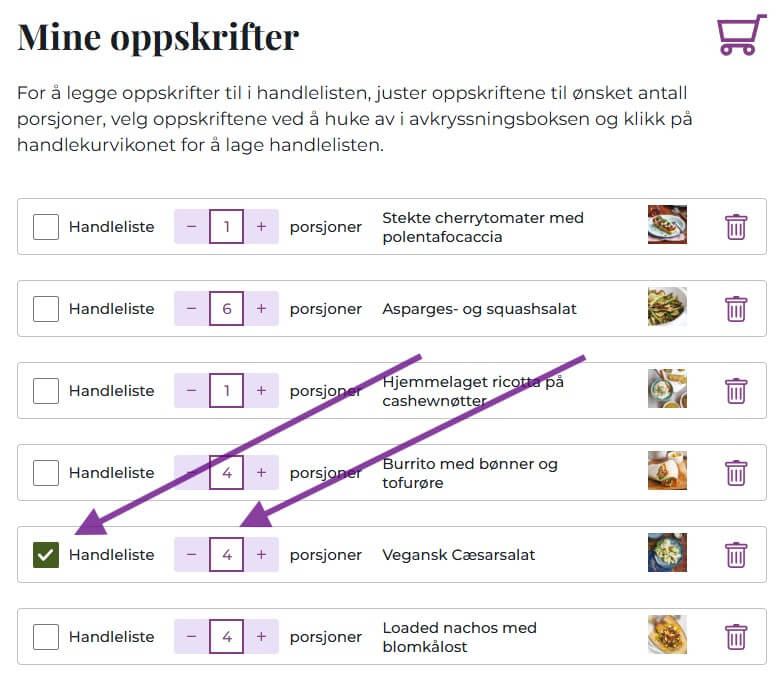 illustrasjonsbilde fra "mine oppskrifter" der to piler peker på en avhukningsboks og en boks som justerer antall porsjoner.