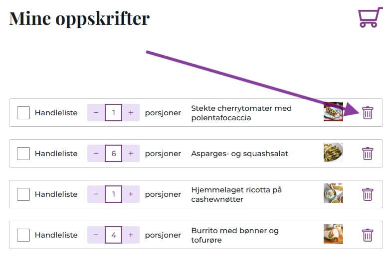 illustrasjonsbilde av en lilla pil som peker mot søppelbøtte-ikonet under "mine oppskrifter"