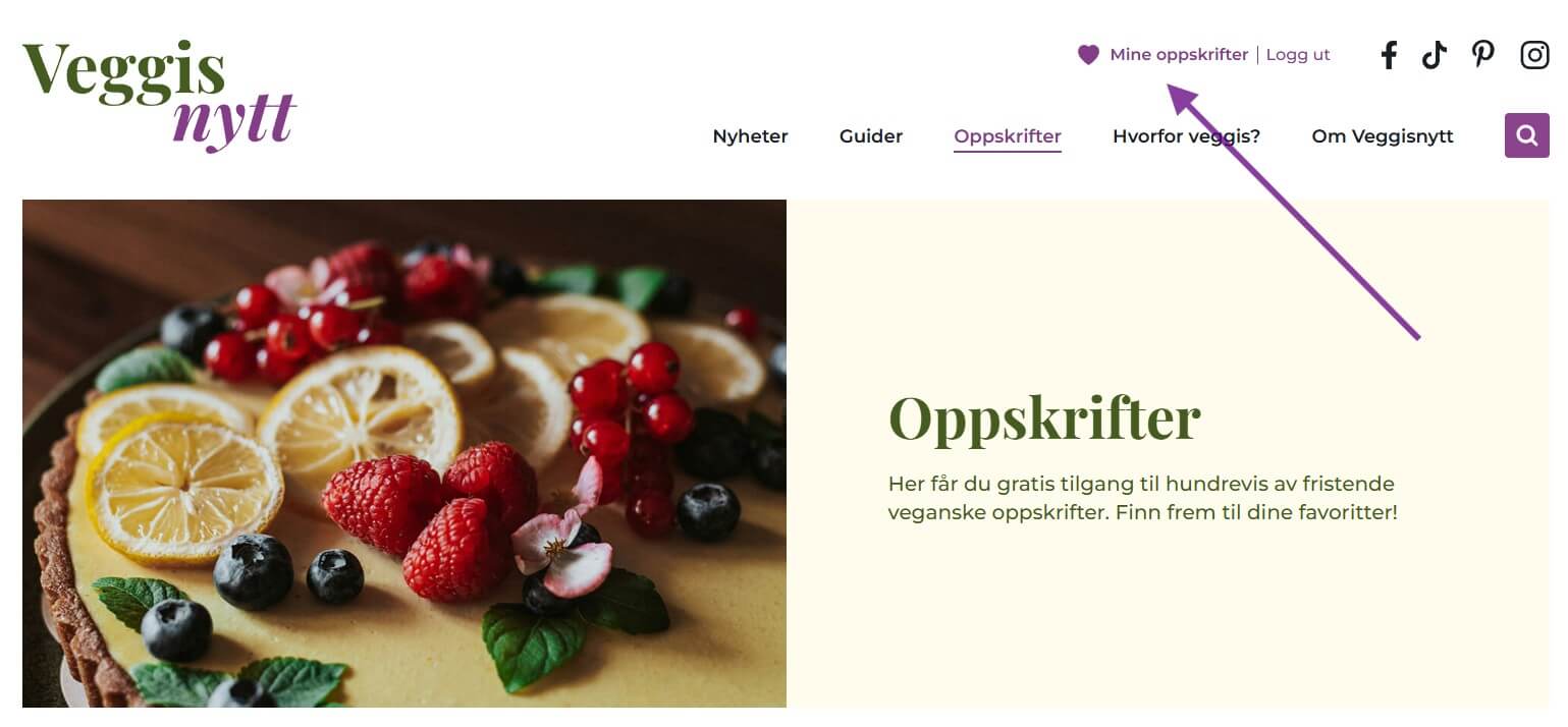 illustrajonsbilde av oppskriftmodulen der en pil peker mot knappen "mine-oppskrifter".