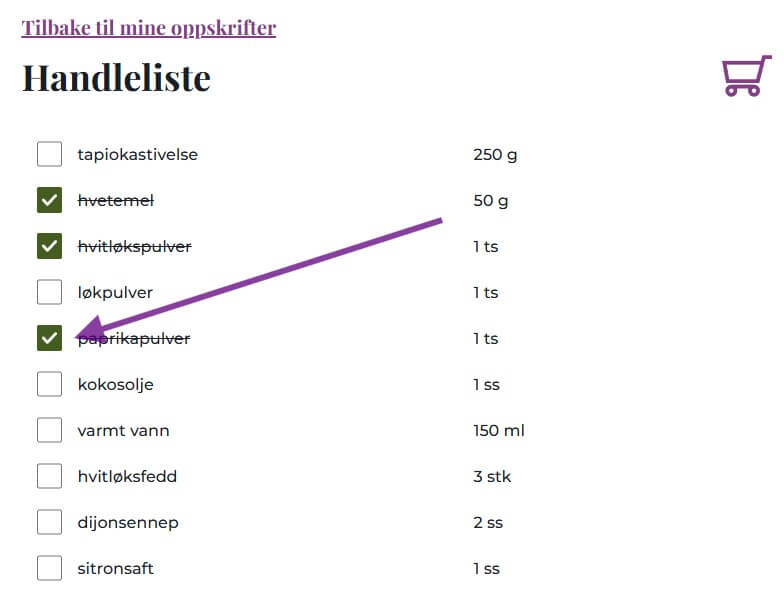 skjermbilde av handeliste der en pil peker på avhukningsboksen som stryker over ingrediensen på listen.