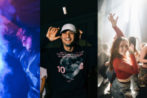 Montasje av dansende mennesker med bilde av Cengiz Al midtstilt.