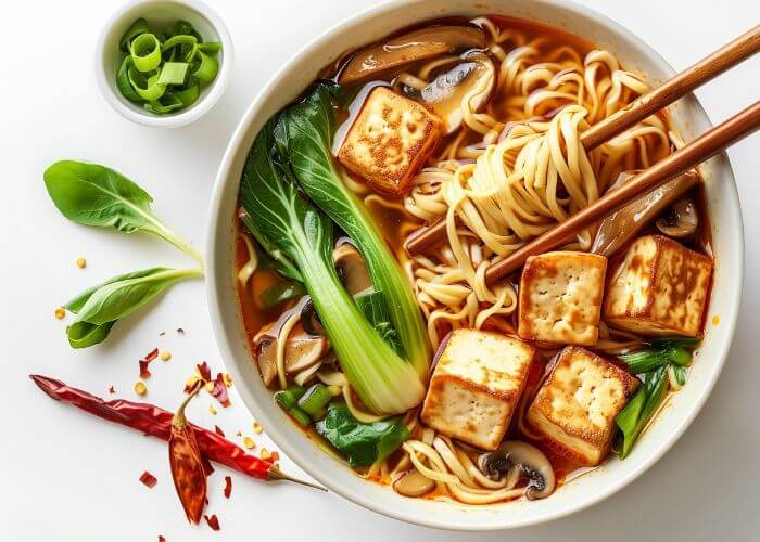Skål med vegansk ramen med tofu.