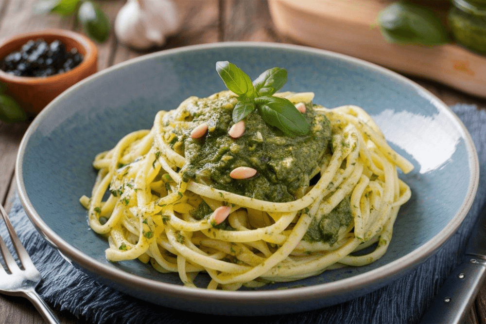En skål med spaghetti, servert med pesto og toppet med basilikumblader.