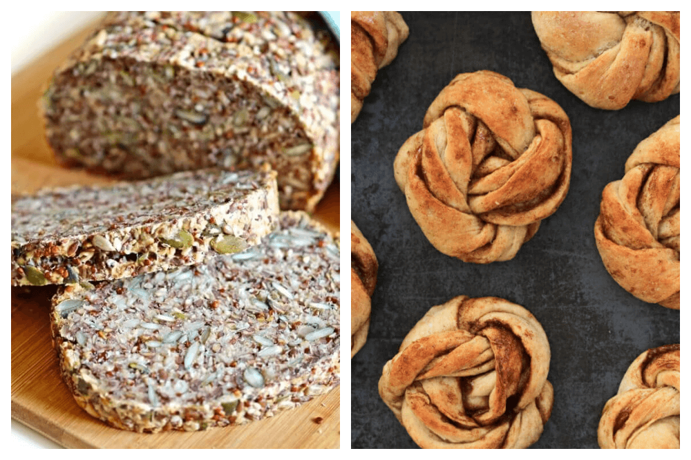 To-delt bilde av glutenfritt brød og nystekte kanelknuter
