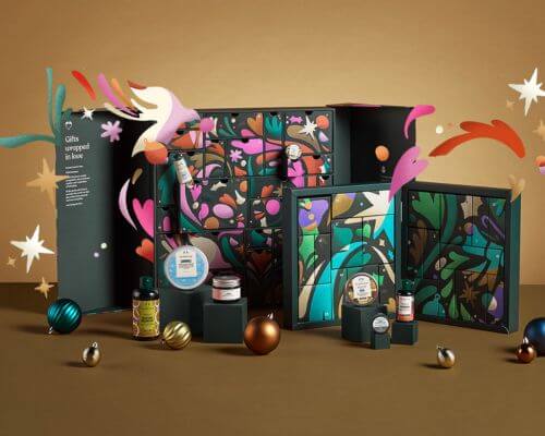 Adventskalender med skjønnhetsprodukter fra The Body Shop.