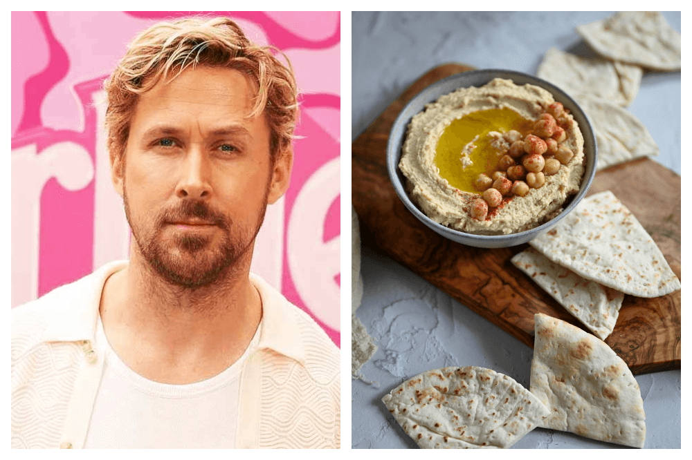 Skuespiller Ryan Gosling og en tallerken med hummus.