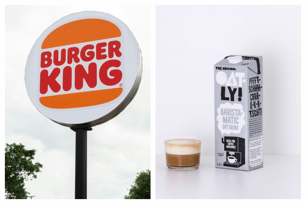Skilt med Burger King logo og Oatlys nye store kartong med havremelk laget eksklusivt for kaffebarer og restauranter.