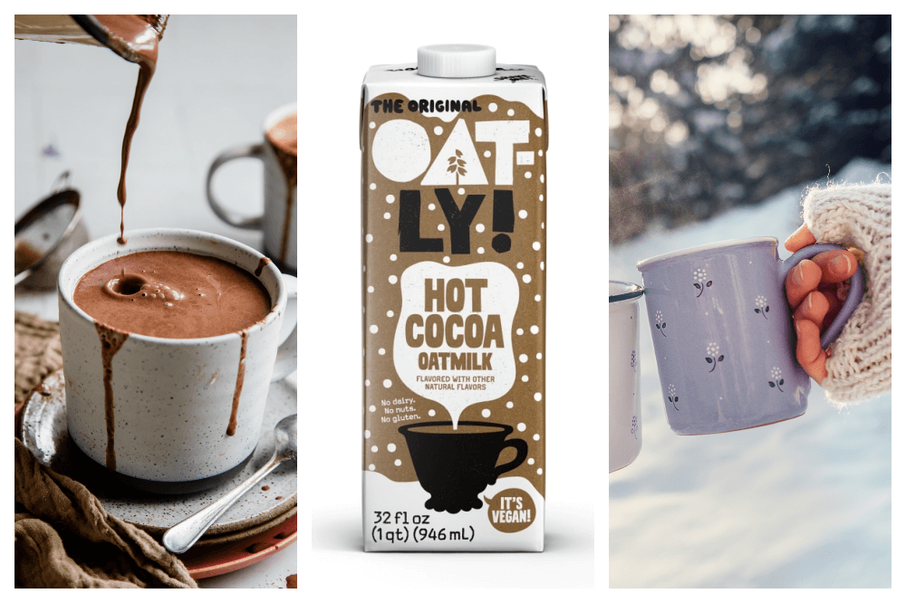 Tredelt bilde av kopp med varm sjokolade, Oatly sin nye kakao-melk og en hånd som holder en kopp med varm drikke ute i snøen.